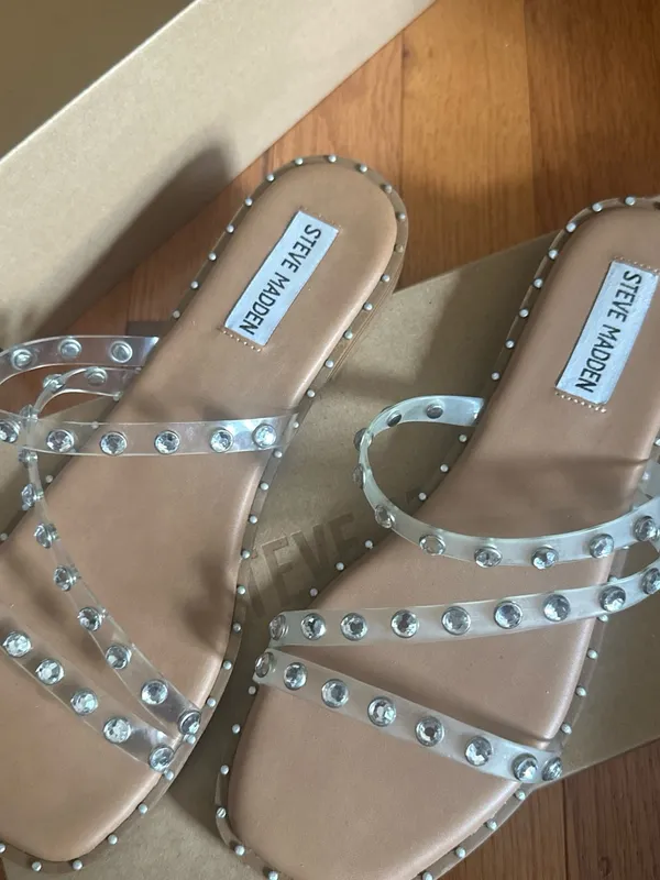 Steve Madden Clear Rhinestone Studded Slide Sandals - Brown Footbed - Image 2
