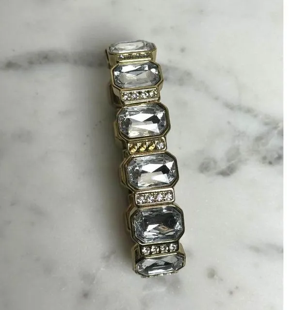 Gold-Tone Crystal Stretch Bracelet With Rhinestones & Rectangular Gemstones - Image 2
