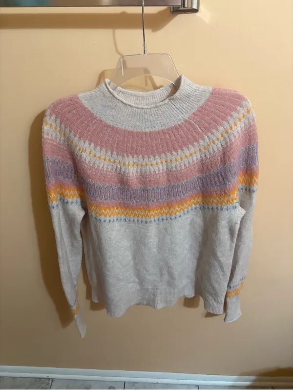 J. Crew cream, orange, pink, & blue fair isle roll neck turtleneck sweater - Image 2
