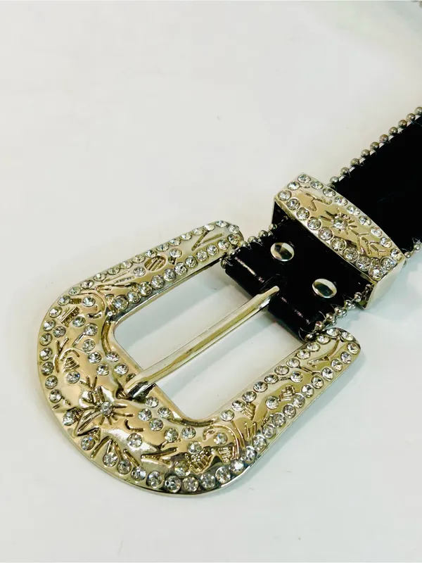 Western Black Leather Belt with Crystal Studded Rhinestones, Engraved Buckke - Image 6