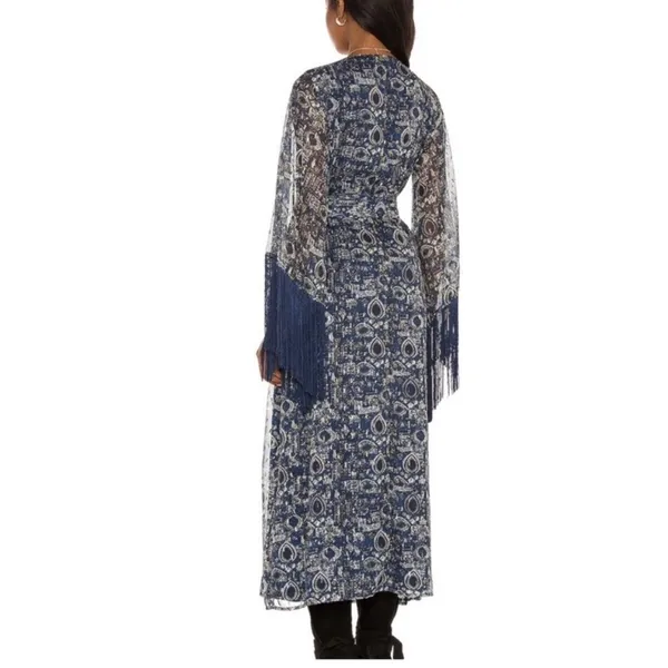 House of Harlow 1960 Blue Print Reska Fringe Sleeve Maxi Dress Sz L - Image 11