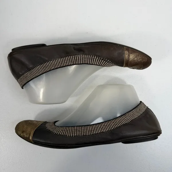Tory Burch Sz 8.5 Gabby Ballet Flats Gun Metal Leather Gold‎ Cap Toe Logo Shoes - Image 4