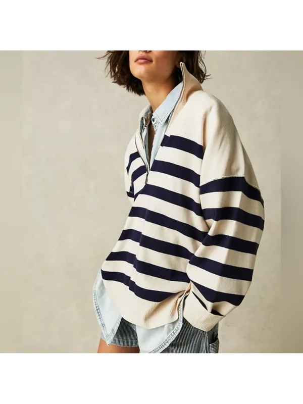 Free People Coastal Stripe Pullover in Champagne Navy - Blue Combo - Small - Image 2