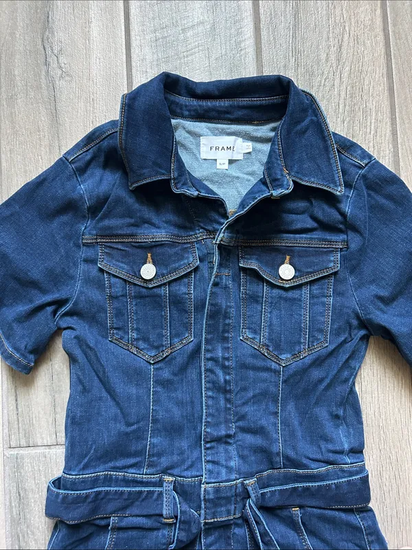 Frame Denim Dark Blue Short-Sleeve Denim Jumpsuit with Tie Waist - Image 3