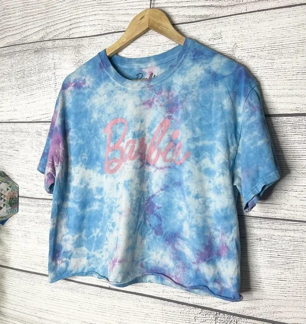 Barbie Tie Dye Cropped T-Shirt Top - Blue Pink Purple Size Large - Image 3