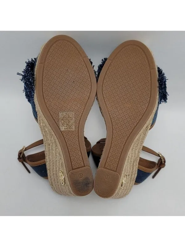 Tory Burch Wedge Espadrille Shaw Blue Denim Fringe Ankle Strap Sandals Size 8.5 - Image 12