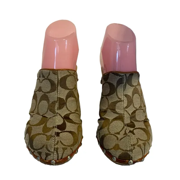 Vintage Coach Brown Cloth Signature Print Clog Heel Mules "Felicity" (8) - Image 3