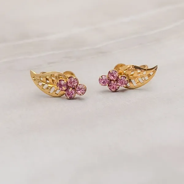 Vintage Screw On Earrings Gold Tone Leaf with Pink Gems Fall Autumn Whimsical - Image 4