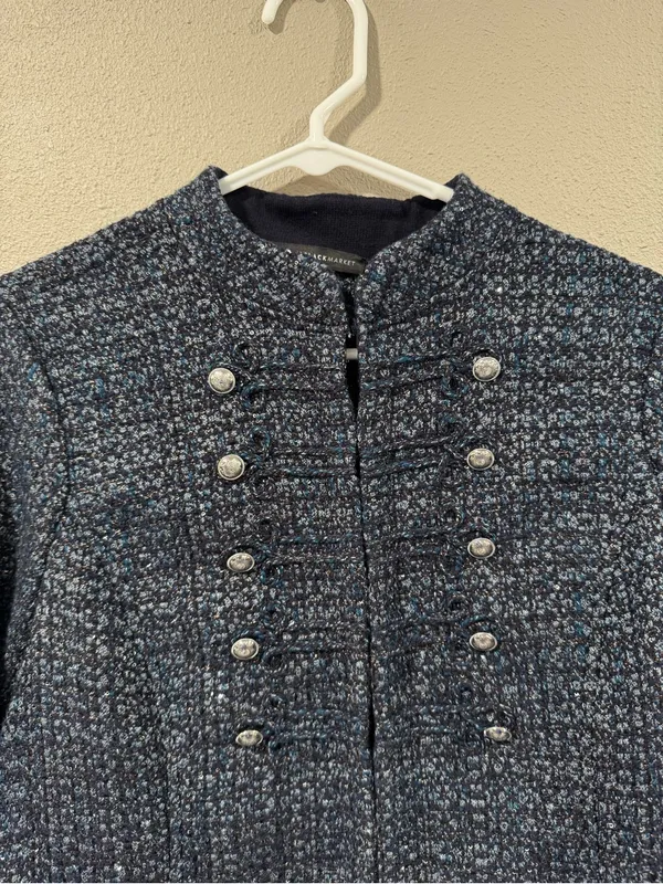 White House Black Market Navy Blue Tweed Jacket with Light Blue Accents Glitter - Image 3