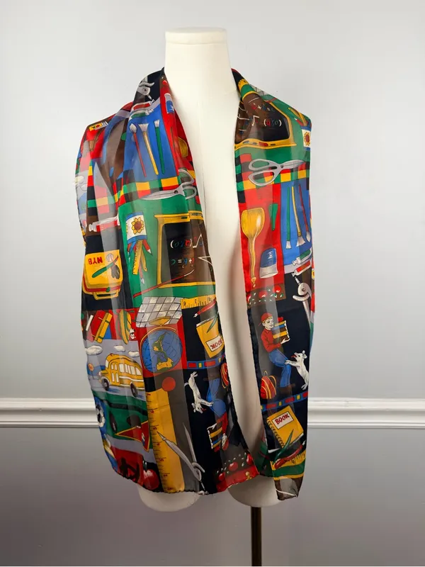 Vintage polyester scarf school teacher themed with school bus, lunch box, etc - Image 2