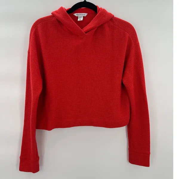 Athleta Womens Red Waffle Knit‎ Oversied Baggy Cropped Hoodie Sweatshirt XXS - Image 2
