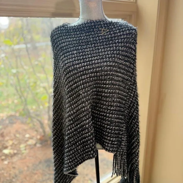 Knit poncho shawl boxy blanket pullover fringe in Black pullover work to night - Image 2