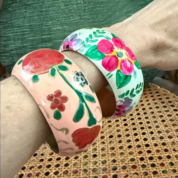 Set of Two Hand Painted Floral Wooden Boho Hippie Cottage Bangle Bracelets - Image 3