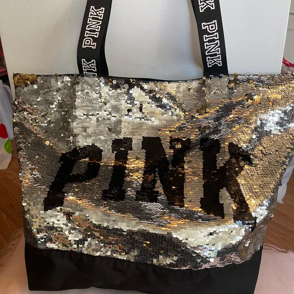 Victoria secret pink flip sequin gold/silver bling tote bag - Image 4