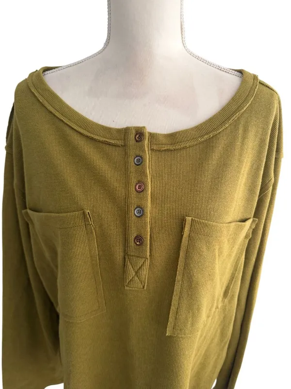 POL Waffle Knit Martini Green Long Sleeve Top Size Large - Image 3