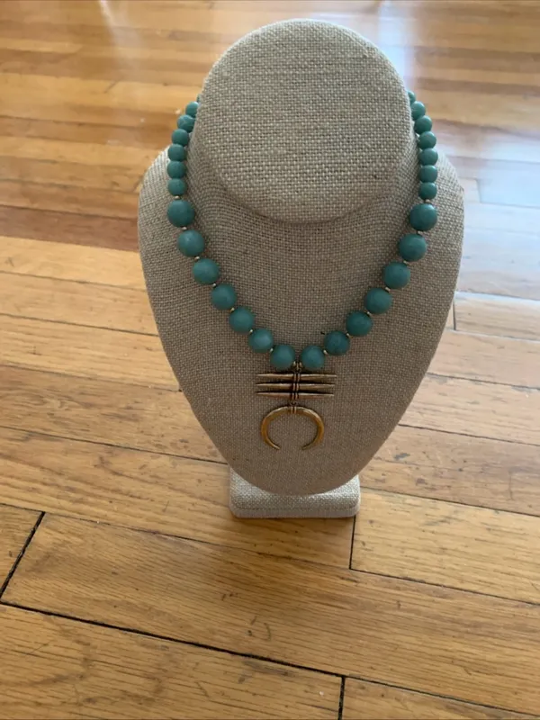 Blue Green Beaded Crescent Necklace Adjustable 15 - Image 6