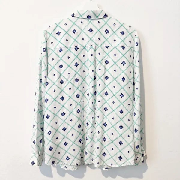 Charter Club Shirt Size Large Blue Floral Linen Blend Rhinestone Coastal Grandma - Image 6