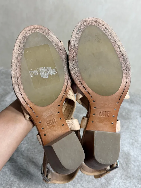 Frye Women’s Dani Criss Cross Sandals Block Heels Leather Strappy in Tan 8 - Image 10