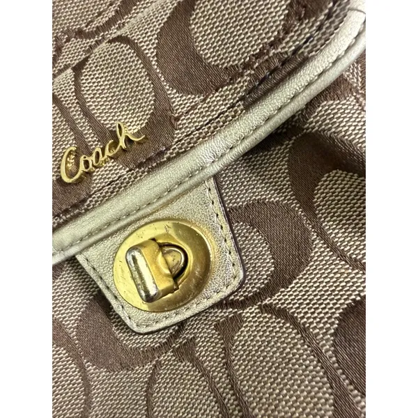 Coach Signature Canvas Crossbody Bag Brown Khaki Front Turnlock Pocket Gold Trim - Image 4
