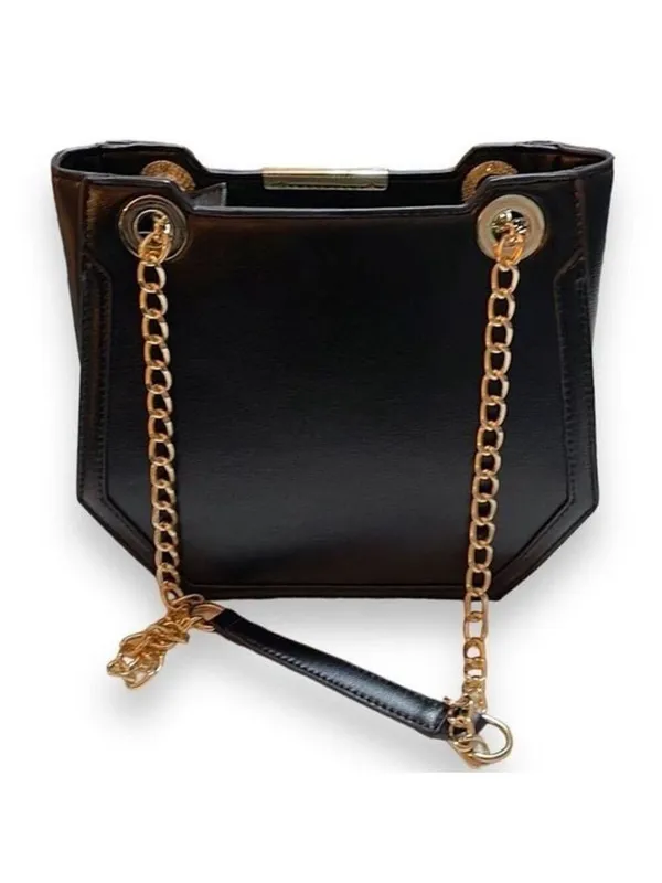 Melie Bianco Geometric Vegan Leather Black Shoulder Bag with gold chains - Image 3