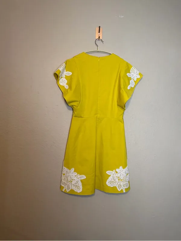 Pearl by Lela‎ Rose Stretch Cotton Lace crochet Detail Dress in yellow white 6 - Image 8