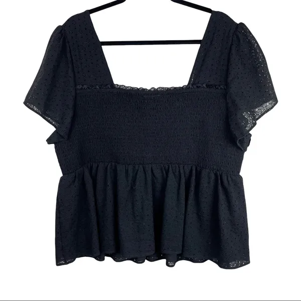 Torrid Sz 3X Black Square Neck Smocked Eyelet Peplum Top Short Sleeve - Image 3