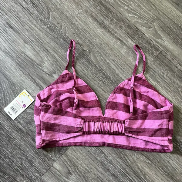 A New Day Linen Blend Striped Pink and Purple Crop Top - Image 2