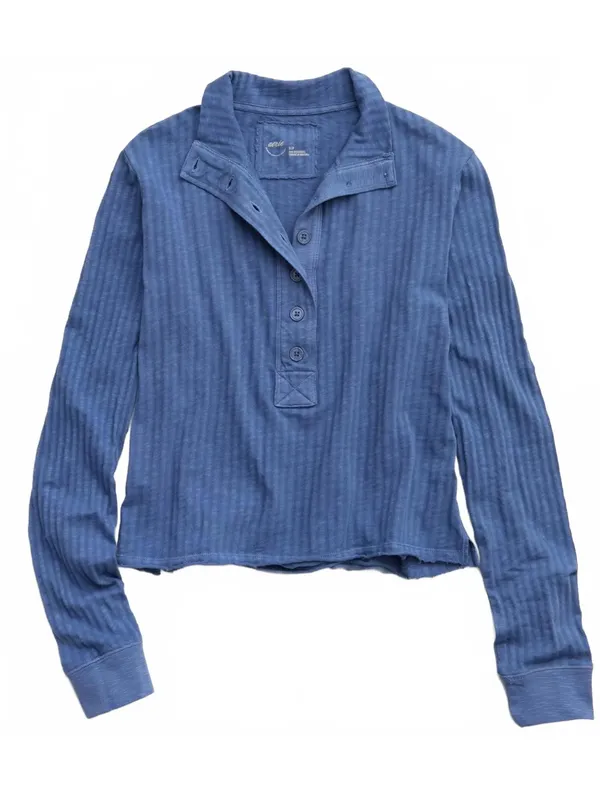 AE Aerie Shadow Stripe Henley T-Shirt American Eagle Marbled Blue XS - Image 2