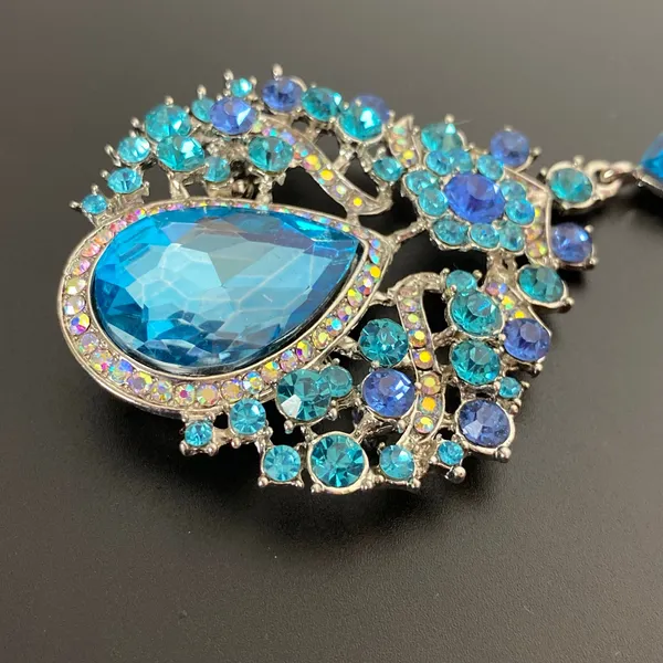 Large Royal Blue & Aqua Rhinestone Statement Brooch Pin Dangle Teardrop - Image 2