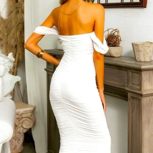 Glamaker White Mesh Ruched Off the Shoulder Mini Dress, Size Small, Bridal - Image 2