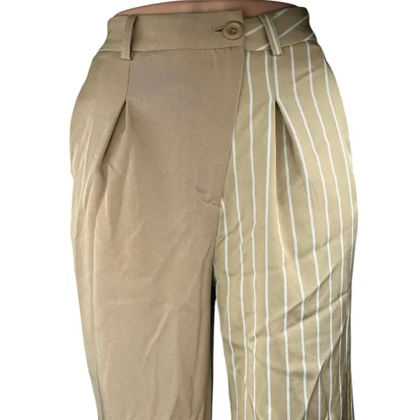 PrettyLittleThing Tan Khaki Beige Striped Patchwork Trouser Dress Pants Size 2 - Image 4