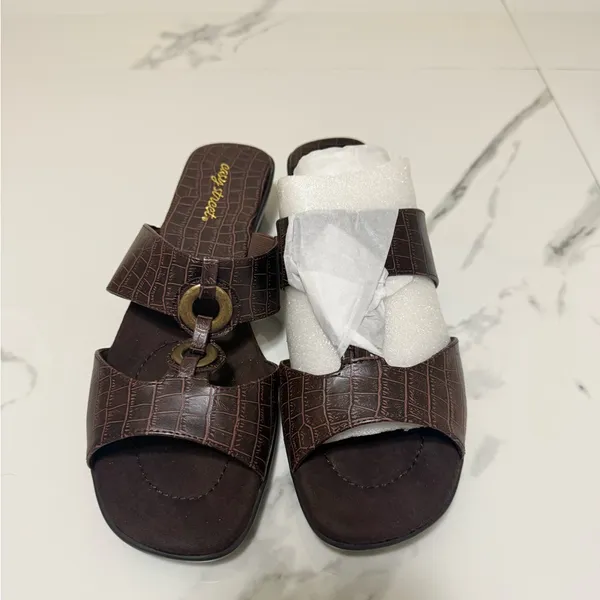 easy street Brown Croc Slide Sandals with Ring Accent - Image 8