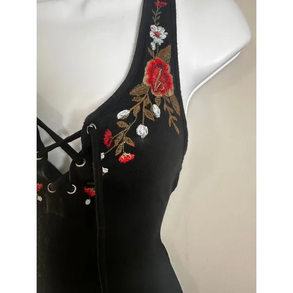 American Eagle Black Floral Embroidered Lace Up Bodysuit Womens Small S Boho Y2K - Image 2