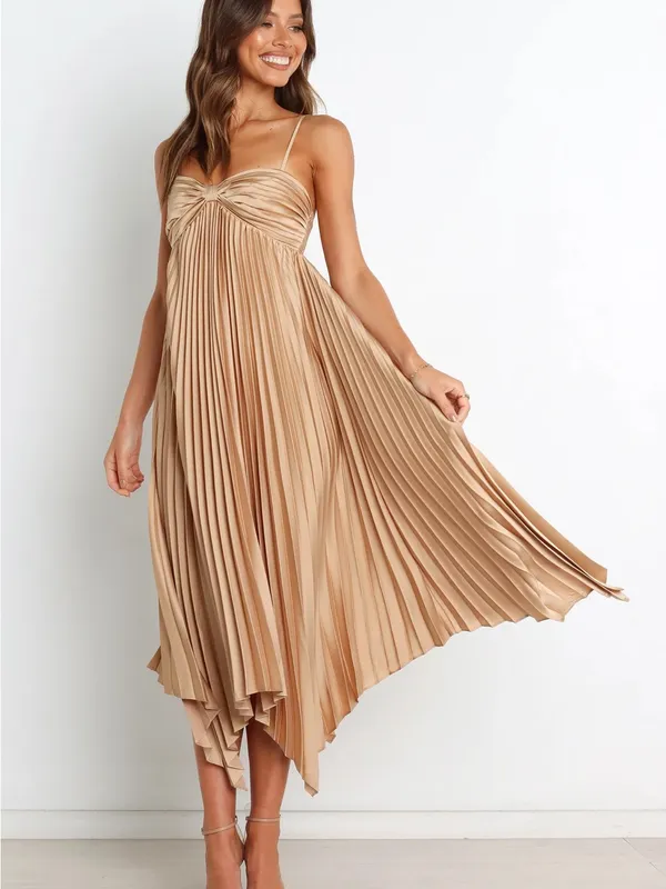 NWT Petal and Pup Vikki Dress Gold Pleated Satin Midi Formal Size 4 - Image 2