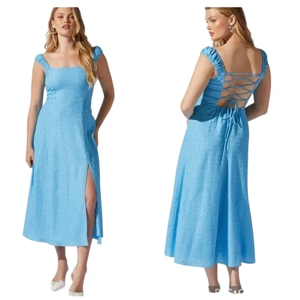ASTR The Label Crinkle Shoulder Midi Dress with Slit Blue Size Large - Image 2