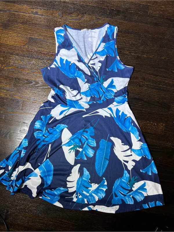 Guberry Blue Floral Tropical Palm Leaf V-Neck Sleeveless Sundress Extra Large - Image 2