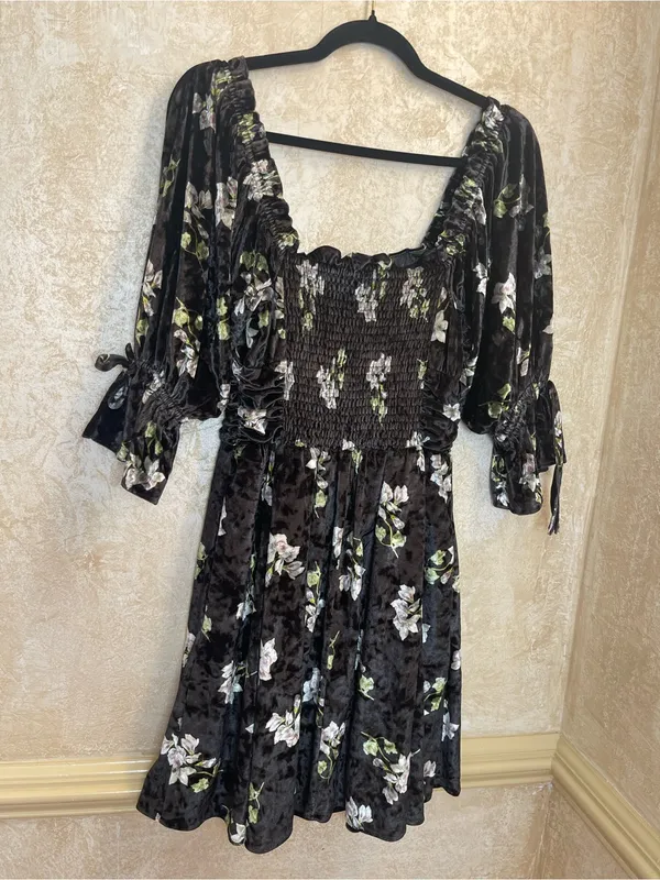 Hutch Black Velvet Floral Ruched Square Neck Mini Dress Size M Whimsigoth - Image 6