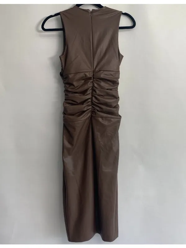 $228 Nwot Express Mocha Body Contour Twist Front Faux Leather Midi Dress Xs - Image 7