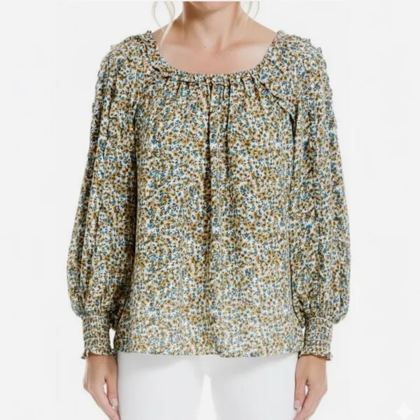 Max Studio Boho Floral Blouse Ruched Cuff Shirt Long Sleeve Chiffon Women’s Sz L - Image 2