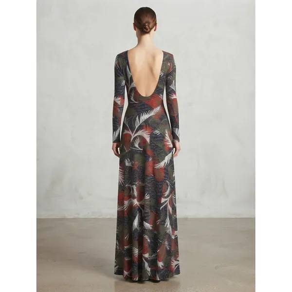 Pia Colors Maxi Dress S Multicolor Tropical Leaf Print Open Back Long Sleeve - Image 2