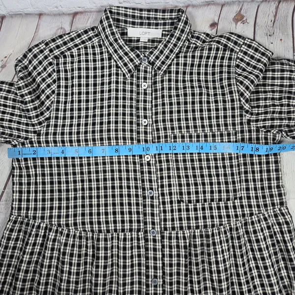 LOFT Womens Black Cream Plaid Tiered Shirt Dress Size M‎ Long Sleeve Gingham - Image 7