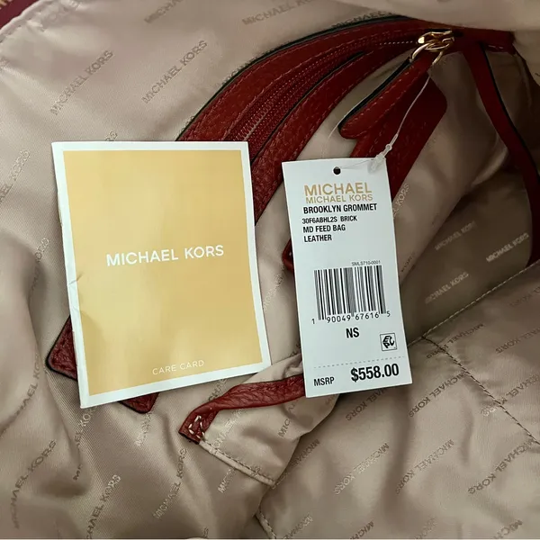 NWT Michael Kors Brown ‘Brooklyn Grommet Leather Feed Bag’ Crossbody in “Brick” - Image 13