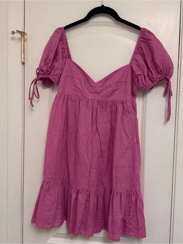 Olivaceous Pink Puff Sleeve Babydoll Linen Dress - Image 2