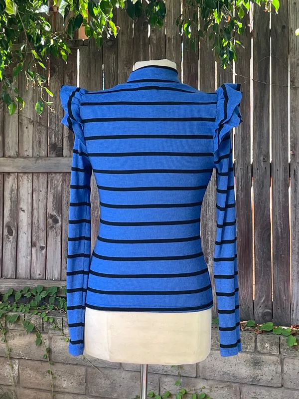 NWT Anthropologie T. La Ruffled turtleneck Top blue black minimalist fall chic M - Image 7