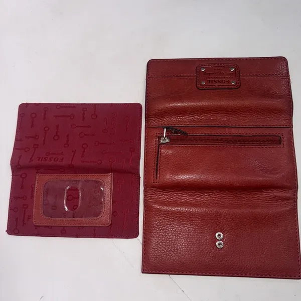 Fossil Red Leather Wallet Long Live Vintage Cards Cash Coin Checkbook Zip & Snap - Image 12