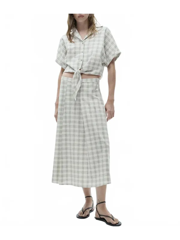 Mango Gingham Check Flared Skirt Ecru Beige Tan NWT Small - Image 6