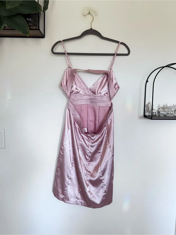 Pink Satin V Neck Strappy Mini Dress Size Large - Image 2