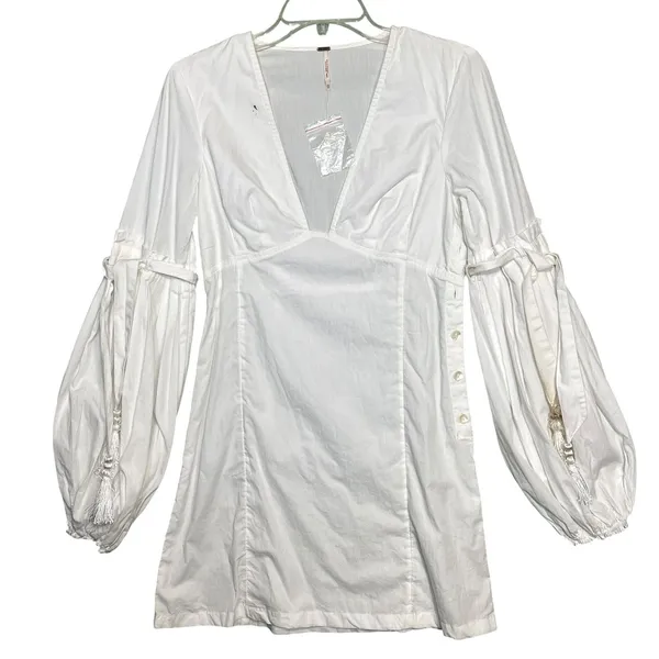 Free People Dress Womens XS White V-Neck Balloon Sleeve Mini Tassel Summer Boho - Image 13