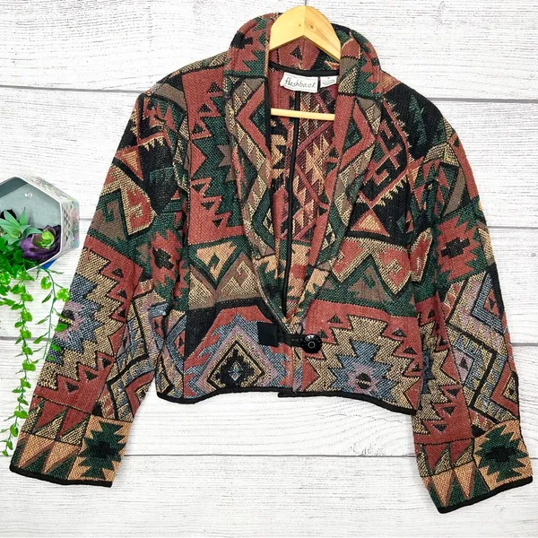 Vintage Flashback Southwestern Pattern Cropped Tapestry Jacket Size Medium Green - Image 12