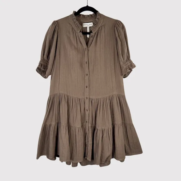Apiece Apart Womens Dress Brown Las Alturas Mini Tiered Puff Sleeve A Line XS - Image 2